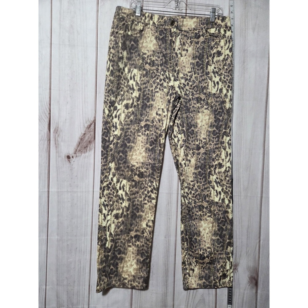 Peck & Peck Weekend Pants Womens 14 Brown Gold Animal Print Stretch Straight Leg